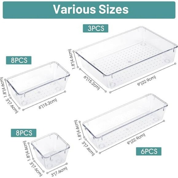 Clear Plastic Drawer Organizer Set Storage Bins Makeup Office Bathroom - Picture 3 of 7
